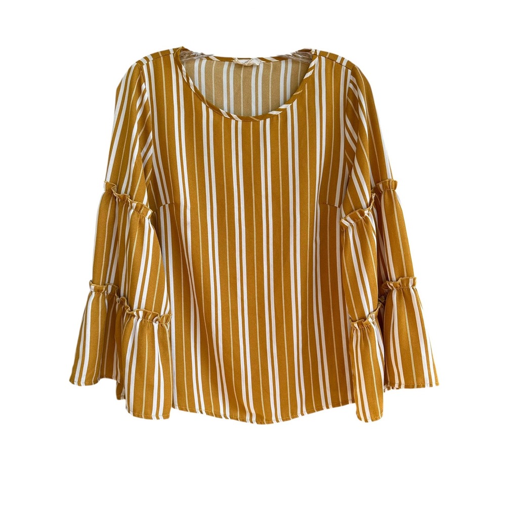 Gilli Mustard Yellow White Striped Tiered Bell Sleeve Blouse Top S Boho